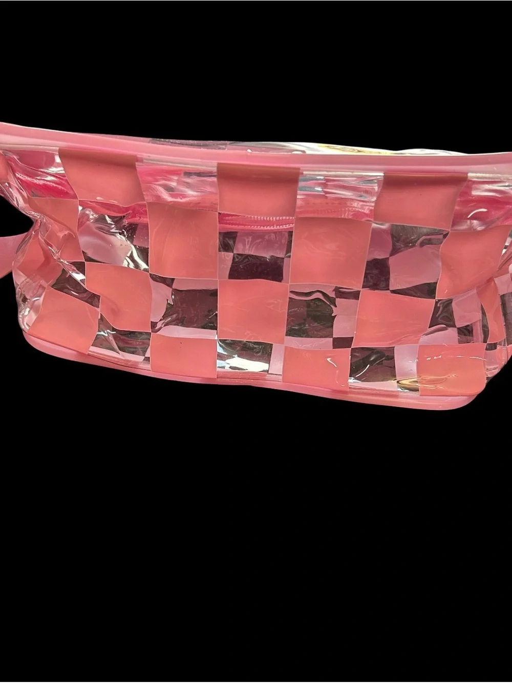 Clear Zippered Pouch Pink Checkered Transparent Cosmetic Case 8X6X4”